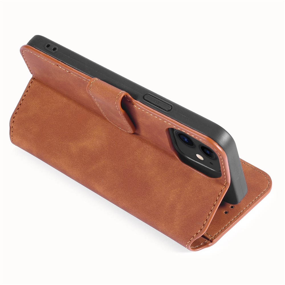 DG.MING Retro Style Leather Wallet Stand Case for iPhone 12 mini - Brown-6