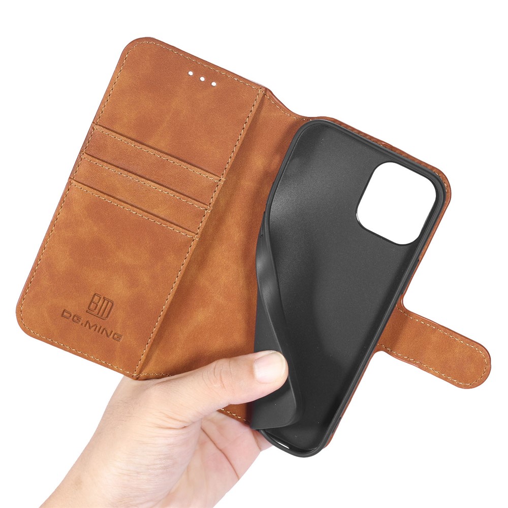 DG.MING Retro Style Leather Wallet Stand Case for iPhone 12 mini - Brown-7