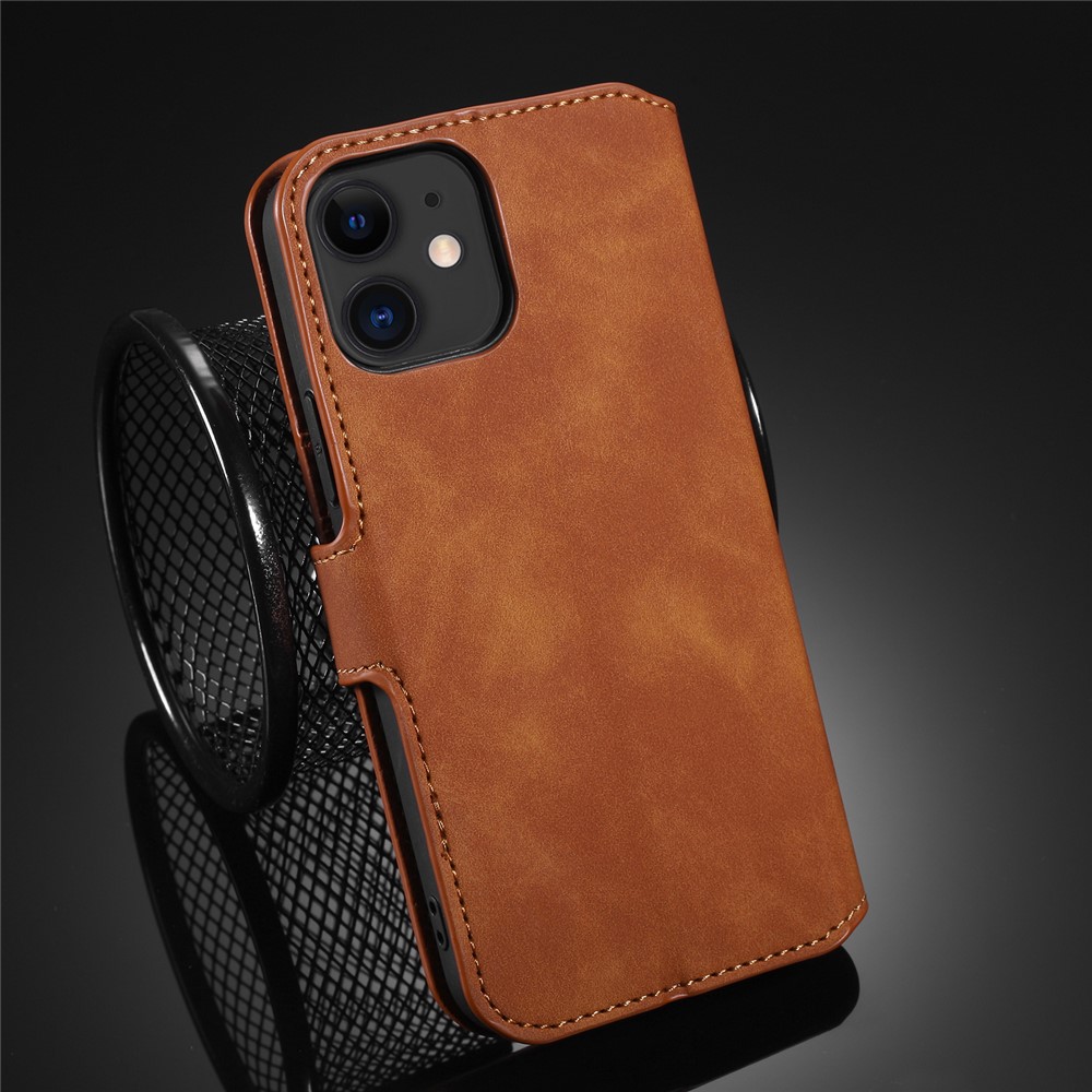 DG.MING Retro Style Leather Wallet Stand Case for iPhone 12 mini - Brown-9