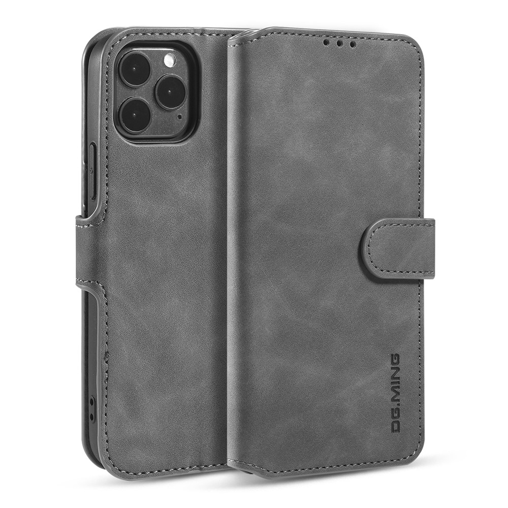 DG.MING Retro Style Leather Wallet Stand Case for iPhone 12 Pro Max 6.7 inch - Grey-1