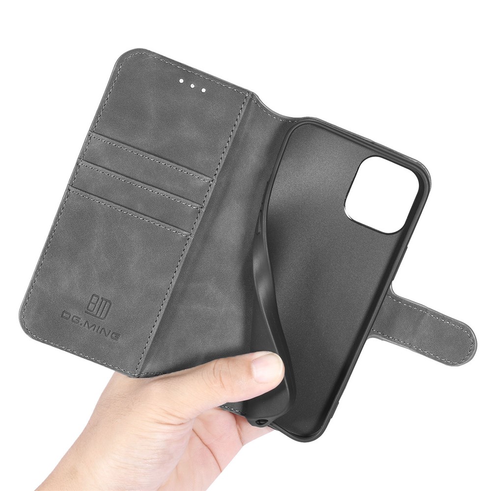 DG.MING Retro Style Leather Wallet Stand Case for iPhone 12 Pro Max 6.7 inch - Grey-7