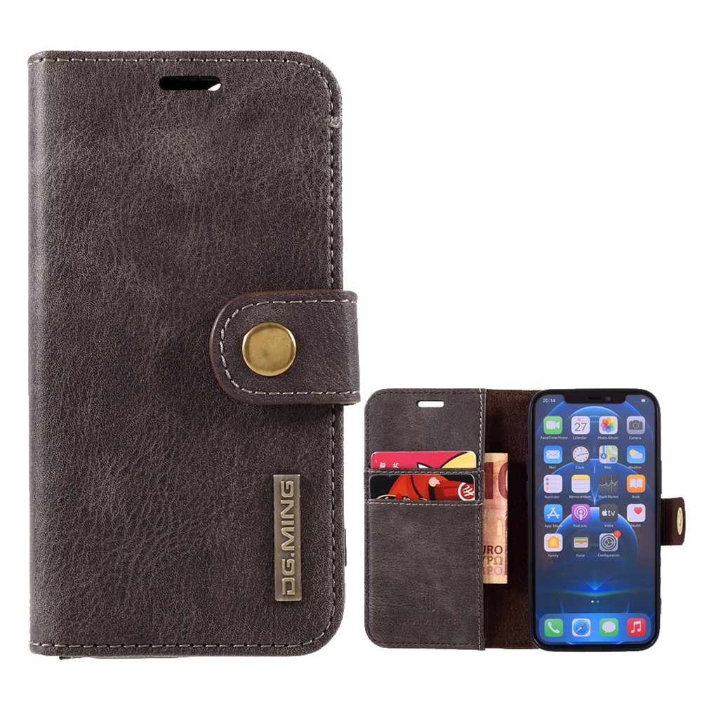 DG.MING Detachable 2-in-1 Split Leather Wallet Shell + PC Back Case for iPhone 12 mini - Grey-1