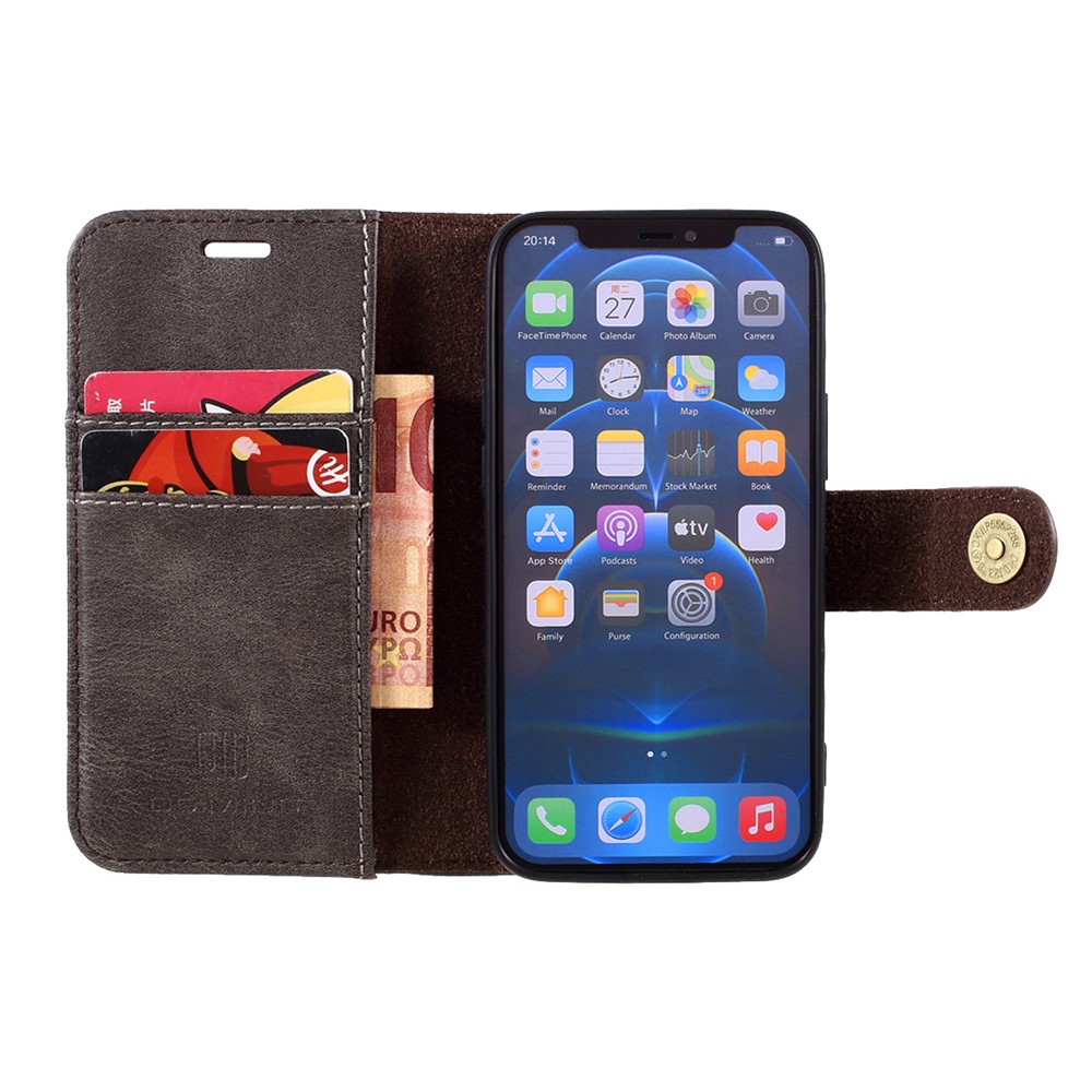 Dg. Ming Para Iphone 12 Mini 5,4 Polegadas de Capa de Telefone Destacável 2 em 1 Chela de Choque à Prova de Choque de Couro Tampa Protetora Com Carteira - Cinza