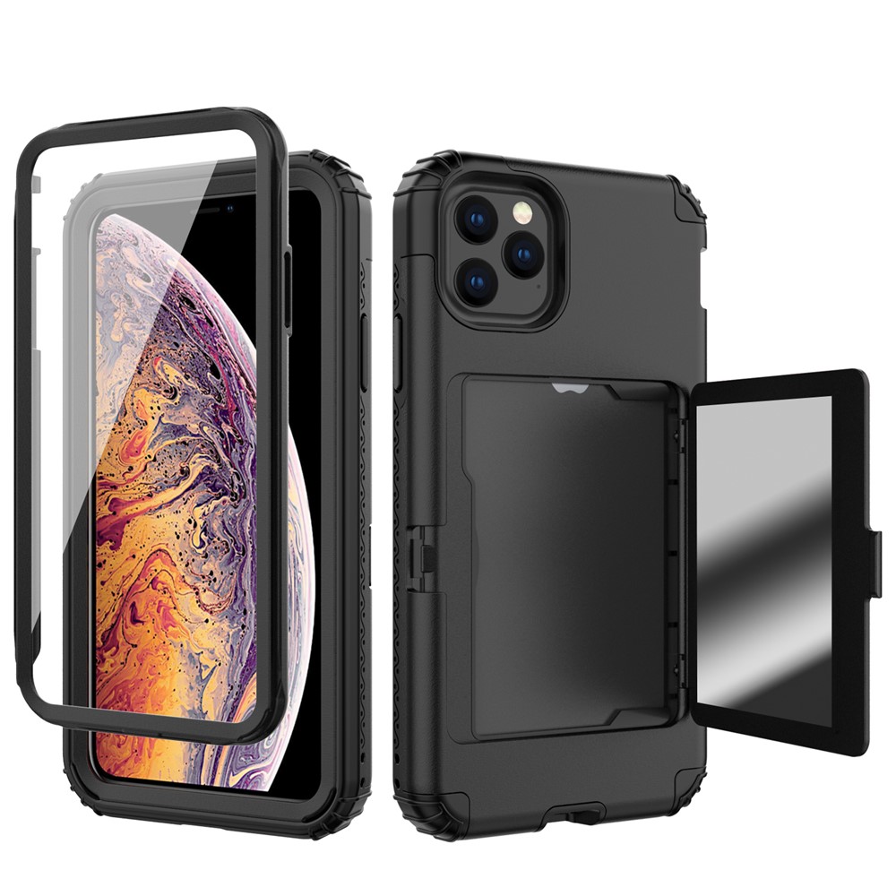 Heavy Duty 3 in 1 PC+TPU Hybrid Shockproof Case with Card Holder Mirror for iPhone 11 Pro 5.8 inch - Black-1