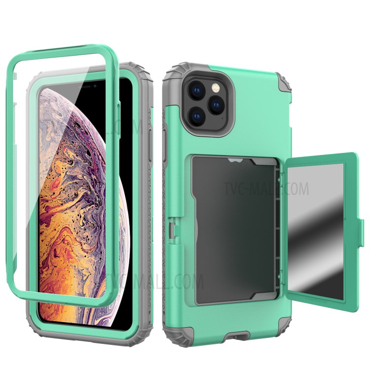 Heavy Duty 3 in 1 PC+TPU Hybrid Shockproof Case with Card Holder Mirror for iPhone 11 Pro 5.8 inch - Green-1