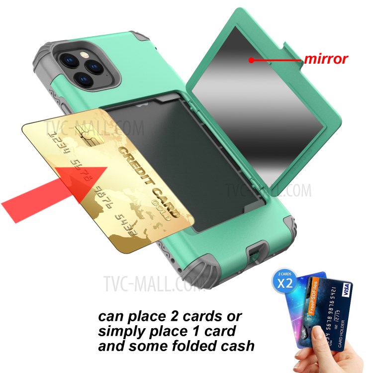Heavy Duty 3 in 1 PC+TPU Hybrid Shockproof Case with Card Holder Mirror for iPhone 11 Pro 5.8 inch - Green-2