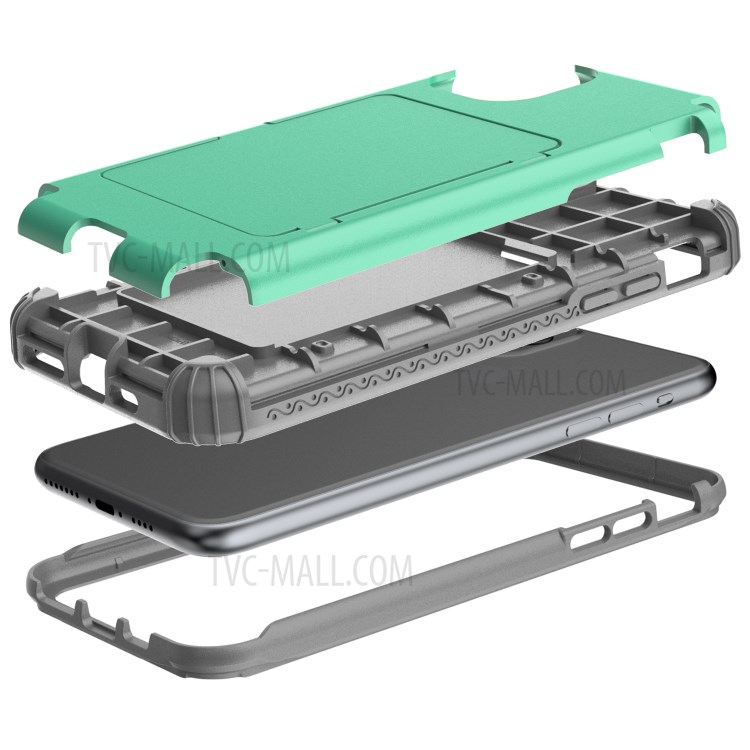 Heavy Duty 3 in 1 PC+TPU Hybrid Shockproof Case with Card Holder Mirror for iPhone 11 Pro 5.8 inch - Green-3