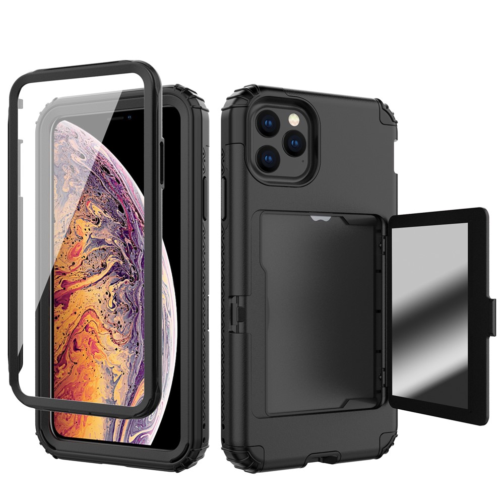 Card Holder with Hidden Mirror Three Layer Shockproof PC+TPU Protective Cover for iPhone 11 Pro Max 6.5 inch - Black-1
