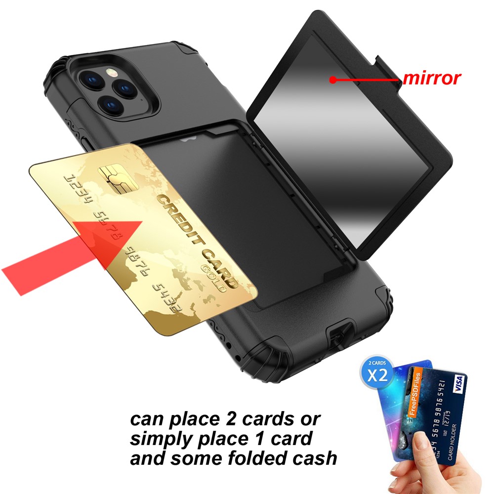 Card Holder with Hidden Mirror Three Layer Shockproof PC+TPU Protective Cover for iPhone 11 Pro Max 6.5 inch - Black-2