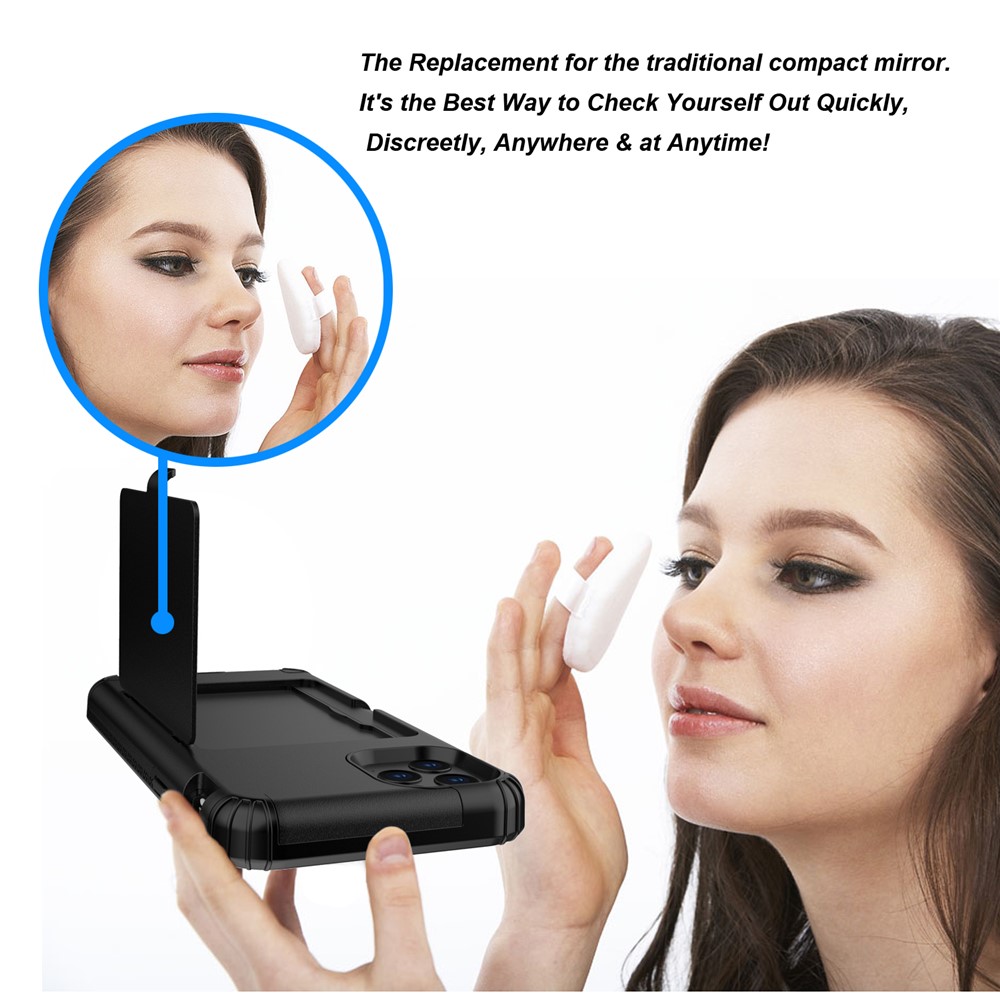 Card Holder with Hidden Mirror Three Layer Shockproof PC+TPU Protective Cover for iPhone 11 Pro Max 6.5 inch - Black-4