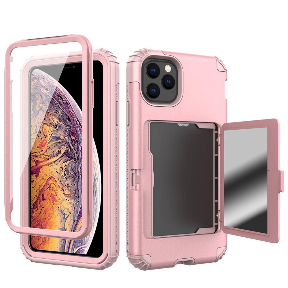 Card Holder with Hidden Mirror Three Layer Shockproof PC+TPU Protective Cover for iPhone 11 Pro Max 6.5 inch - Rose Gold