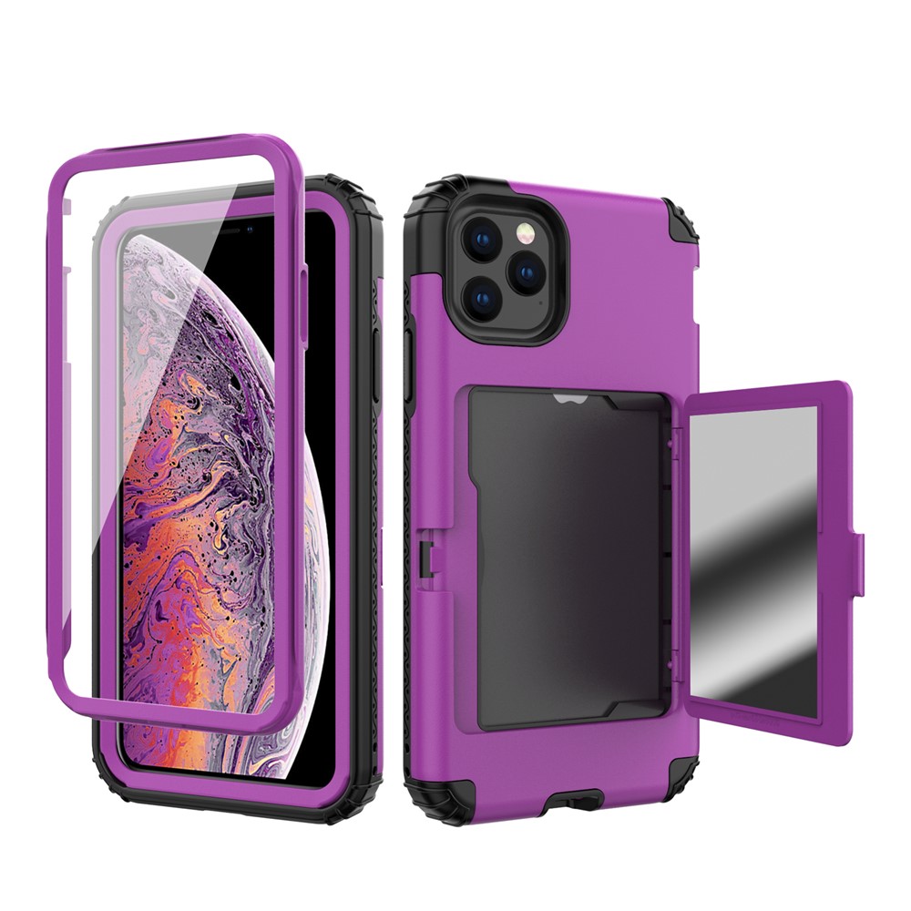 Card Holder with Hidden Mirror Three Layer Shockproof PC+TPU Protective Cover for iPhone 11 Pro Max 6.5 inch - Purple