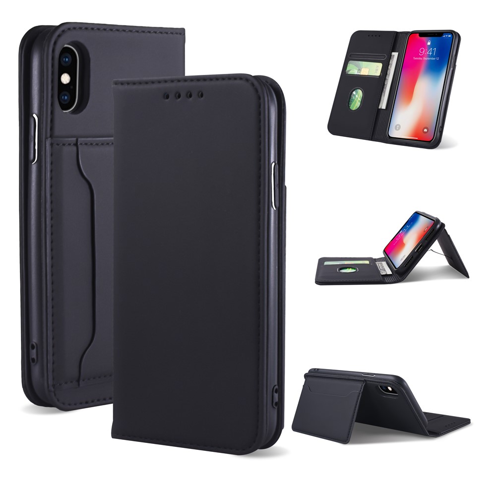 Liquid Silicone Touch Leather Wallet Stand Case for iPhone XS 5.8 inch - Black-1
