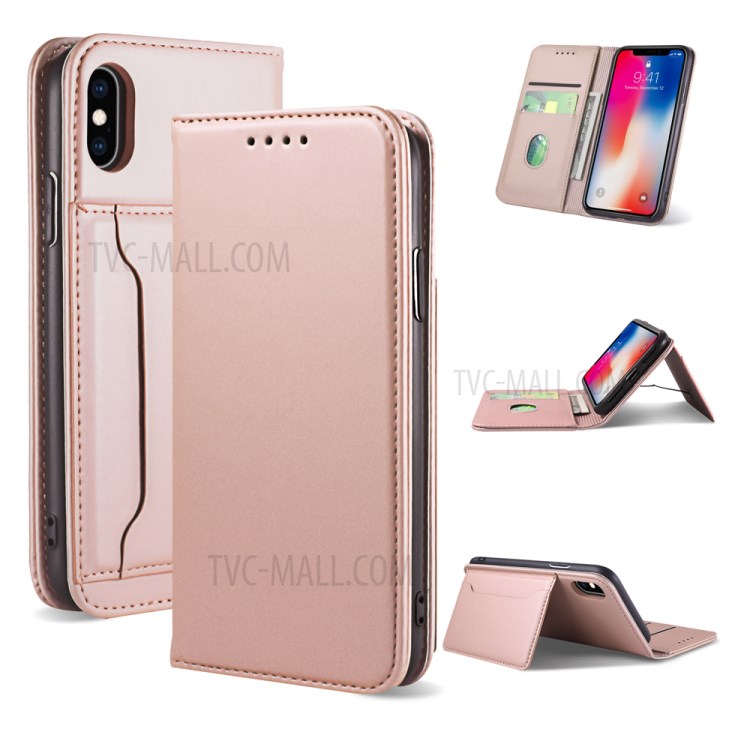 Liquid Silicone Touch Leather Wallet Stand Case for iPhone XS 5.8 inch - Rose Gold-1