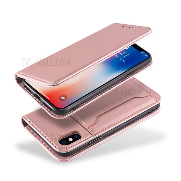 Liquid Silicone Touch Leather Wallet Stand Case for iPhone XS 5.8 inch - Rose Gold-4