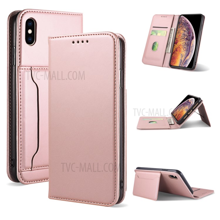 Liquid Silicone Touch Leather Wallet Stand Cover for iPhone XS Max 6.5 inch - Rose Gold-1