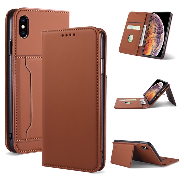 Liquid Silicone Touch Leather Wallet Stand Cover for iPhone XS Max 6.5 inch - Brown-1