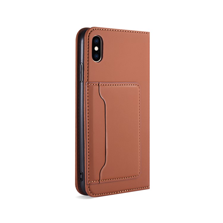 Liquid Silicone Touch Leather Wallet Stand Cover for iPhone XS Max 6.5 inch - Brown-10