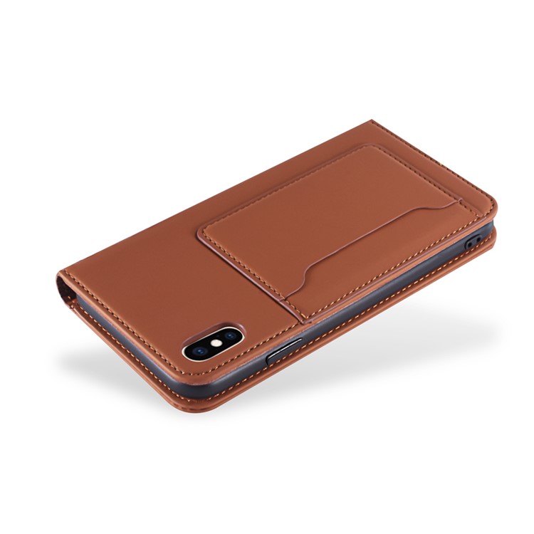 Liquid Silicone Touch Leather Wallet Stand Cover for iPhone XS Max 6.5 inch - Brown-11