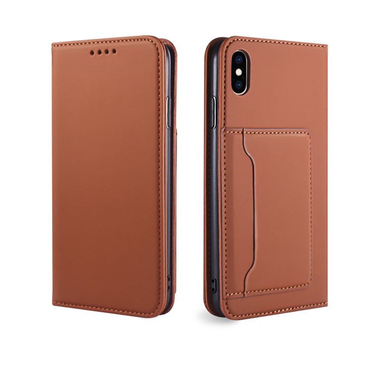 Liquid Silicone Touch Leather Wallet Stand Cover for iPhone XS Max 6.5 inch - Brown-2