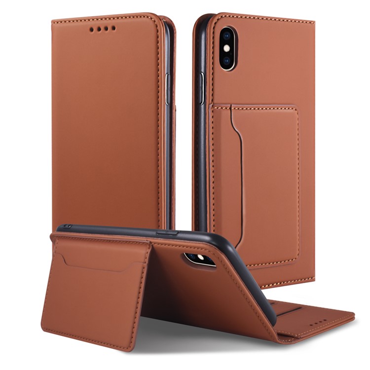 Liquid Silicone Touch Leather Wallet Stand Cover for iPhone XS Max 6.5 inch - Brown-3