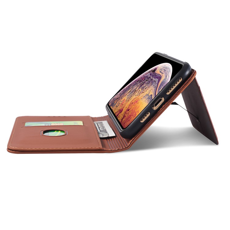Liquid Silicone Touch Leather Wallet Stand Cover for iPhone XS Max 6.5 inch - Brown-7