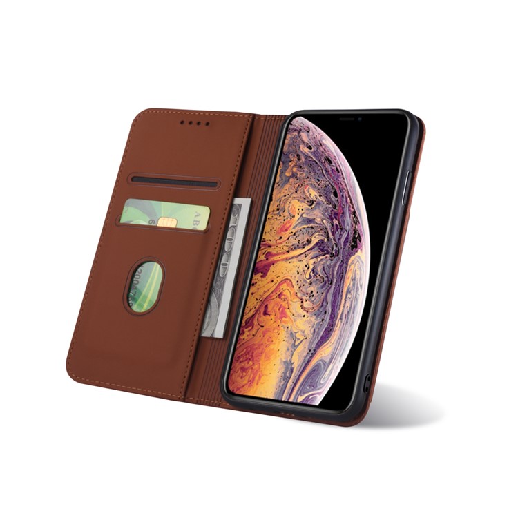 Liquid Silicone Touch Leather Wallet Stand Cover for iPhone XS Max 6.5 inch - Brown-8