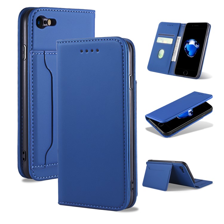 Liquid Silicone Touch Leather Wallet Cover Case for iPhone SE (2nd Generation)/8/7 - Blue-1