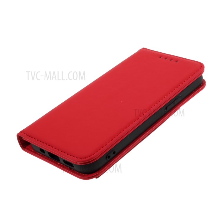Liquid Silicone Touch with Leather Wallet Stand Case for iPhone 12 mini - Red-5
