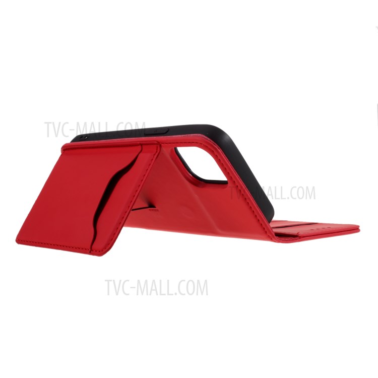 Liquid Silicone Touch with Leather Wallet Stand Case for iPhone 12 mini - Red-8