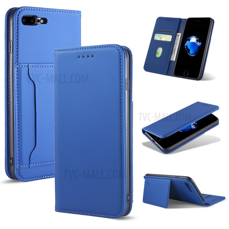 Liquid Silicone Touch Leather Wallet Stand Case for iPhone 8 Plus/7 Plus 5.5 inch - Blue-1