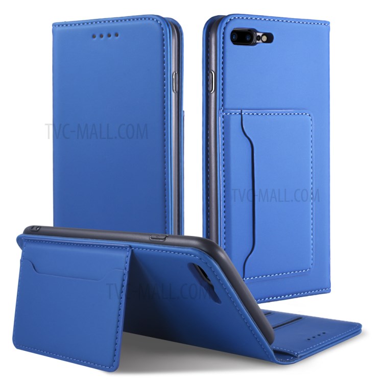 Liquid Silicone Touch Leather Wallet Stand Case for iPhone 8 Plus/7 Plus 5.5 inch - Blue-4