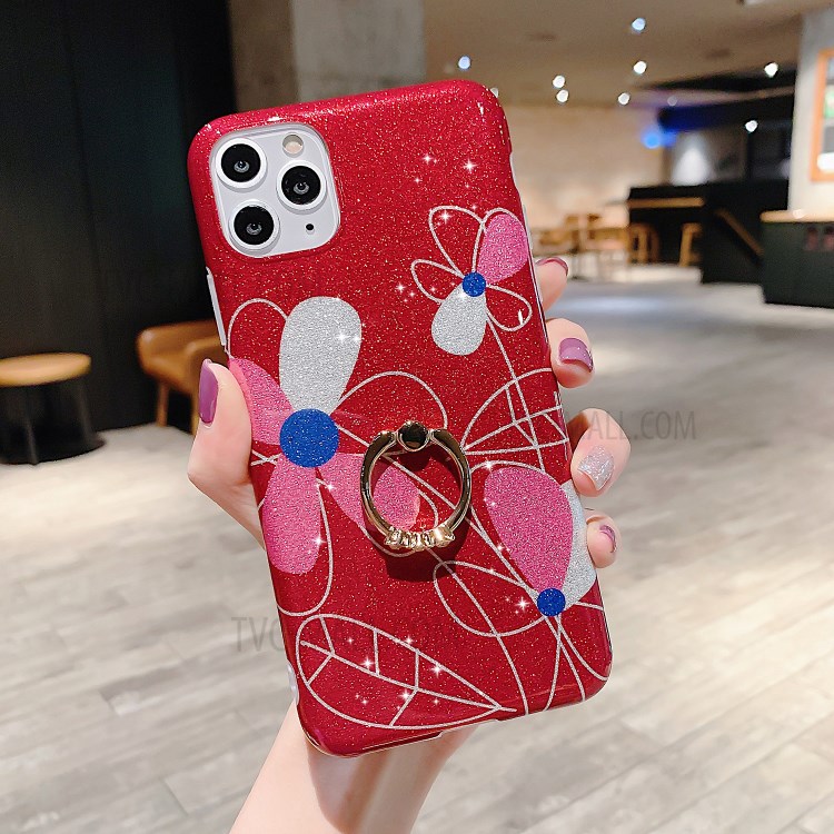 Kickstand Flash Powder Pattern Printing TPU Cover for iPhone 11 Pro 5.8 inch - Red Flower-1