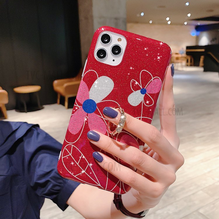 Kickstand Flash Powder Pattern Printing TPU Cover for iPhone 11 Pro 5.8 inch - Red Flower-2