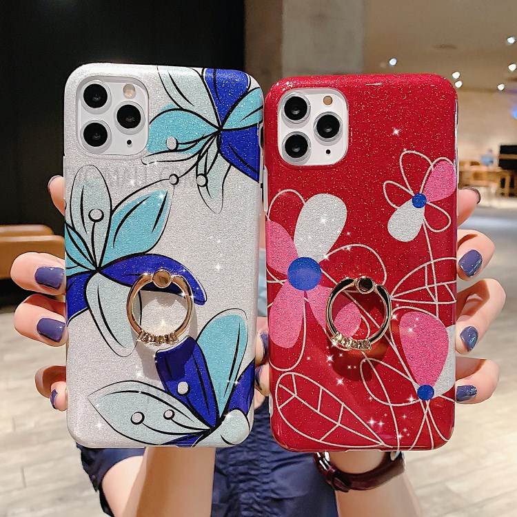 Kickstand Flash Powder Pattern Printing TPU Cover for iPhone 11 Pro 5.8 inch - Red Flower-3