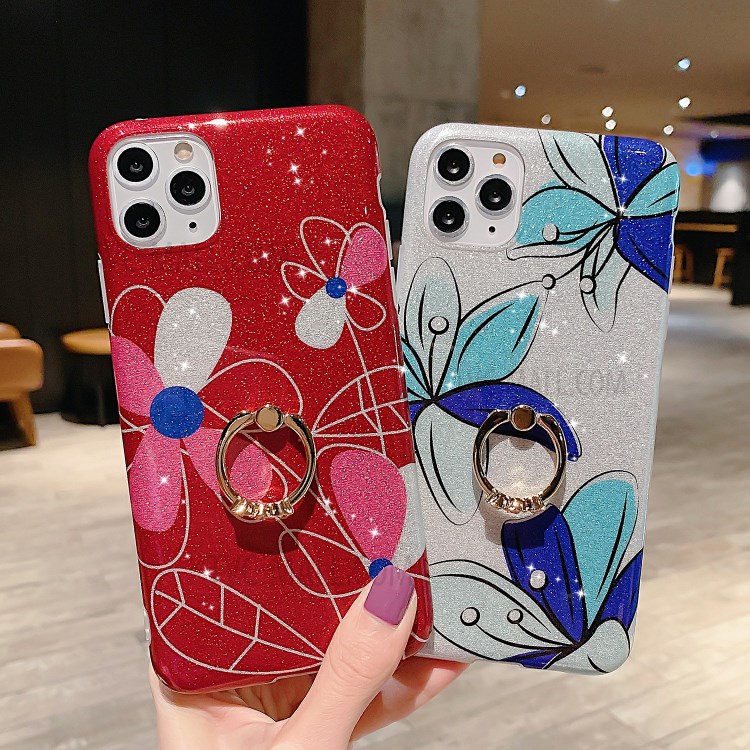 Kickstand Flash Powder Pattern Printing TPU Cover for iPhone 11 Pro 5.8 inch - Red Flower-4