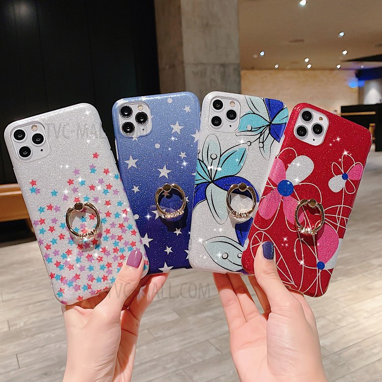 Kickstand Flash Powder Pattern Printing TPU Cover for iPhone 11 Pro 5.8 inch - Red Flower-5