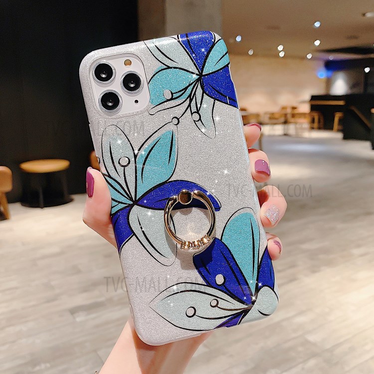 Flash Powder Pattern Printing TPU Case with Ring Kickstand for iPhone 11 Pro Max 6.5 inch - Blue Flower-1