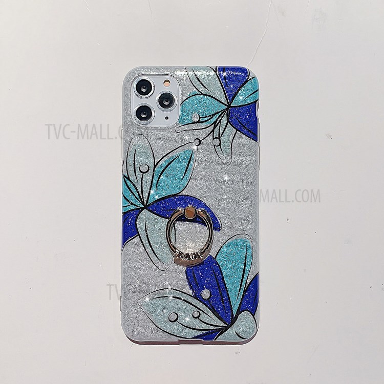 Flash Powder Pattern Printing TPU Case with Ring Kickstand for iPhone 11 Pro Max 6.5 inch - Blue Flower-2