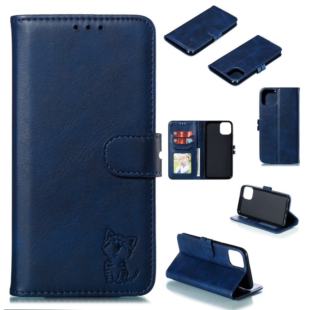 Imprint Happy Cat PU Leather Wallet Stand Phone Cover for iPhone 12 Pro/12 - Blue-1