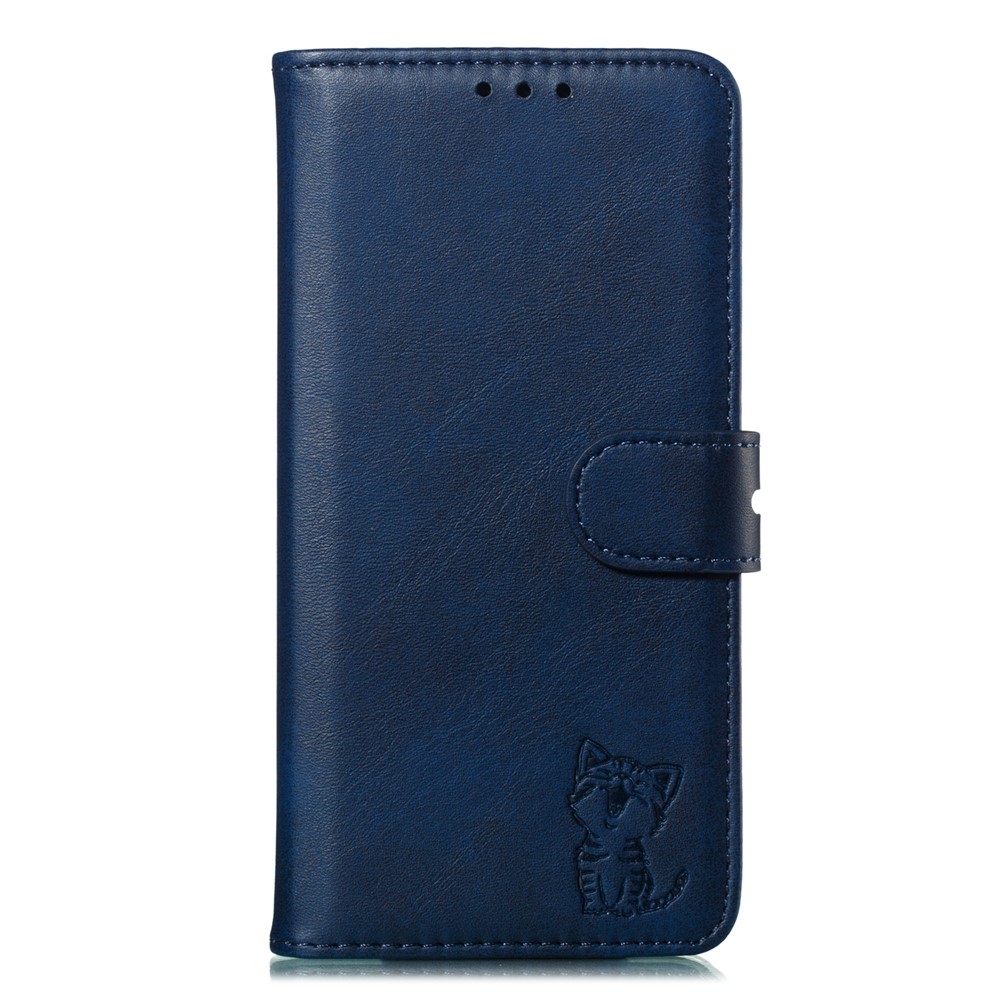 Imprint Happy Cat PU Leather Wallet Stand Phone Cover for iPhone 12 Pro/12 - Blue-2