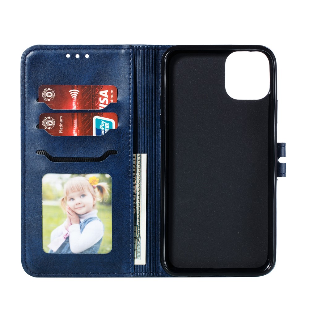 Imprint Happy Cat PU Leather Wallet Stand Phone Cover for iPhone 12 Pro/12 - Blue-4