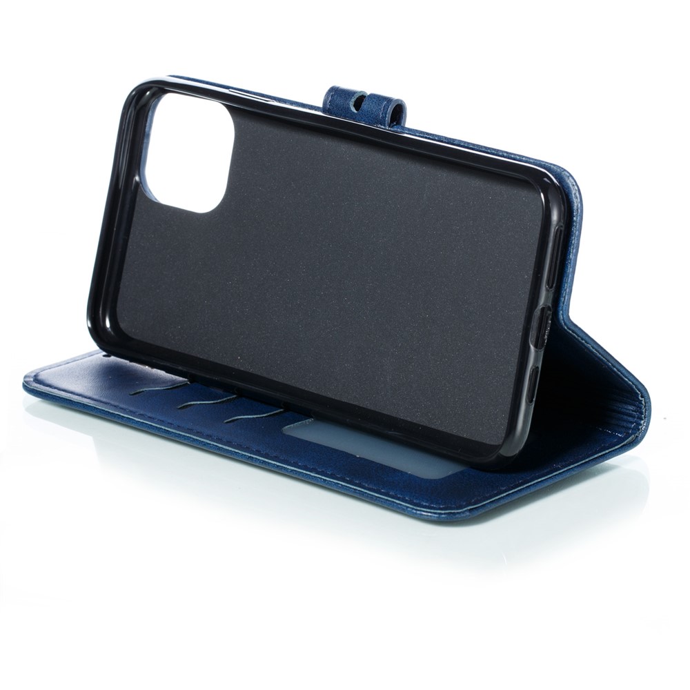 Imprint Happy Cat PU Leather Wallet Stand Phone Cover for iPhone 12 Pro/12 - Blue-6
