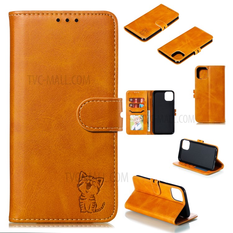 Imprint Happy Cat PU Leather Wallet Stand Phone Cover for iPhone 12 Pro/12 - Brown-1