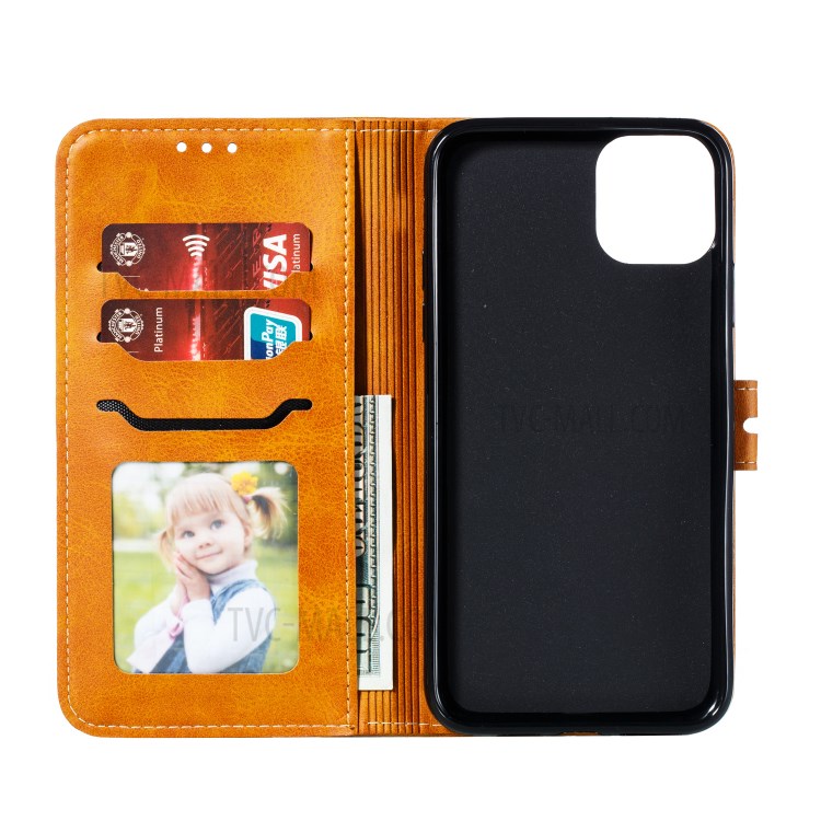 Imprint Happy Cat PU Leather Wallet Stand Phone Cover for iPhone 12 Pro/12 - Brown-4