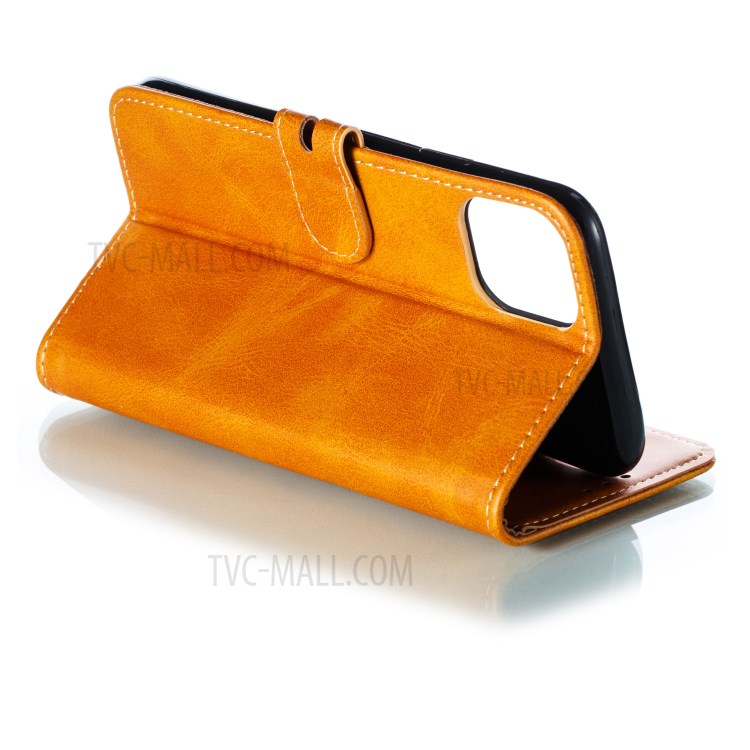 Imprint Happy Cat PU Leather Wallet Stand Phone Cover for iPhone 12 Pro/12 - Brown-5