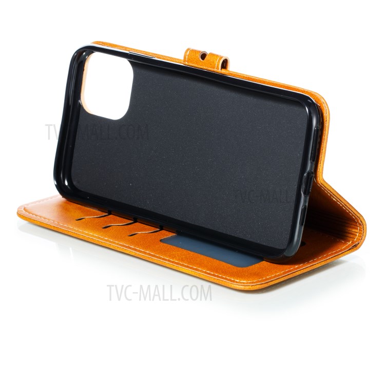 Imprint Happy Cat PU Leather Wallet Stand Phone Cover for iPhone 12 Pro/12 - Brown-6