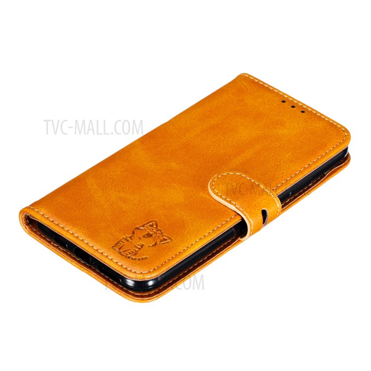 Imprint Happy Cat PU Leather Wallet Stand Phone Cover for iPhone 12 Pro/12 - Brown-7