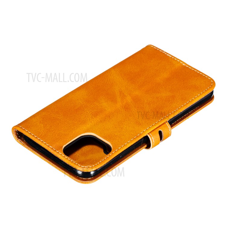 Imprint Happy Cat PU Leather Wallet Stand Phone Cover for iPhone 12 Pro/12 - Brown-8