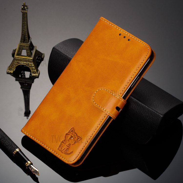 Imprint Happy Cat PU Leather Wallet Stand Phone Cover for iPhone 12 Pro/12 - Brown-9